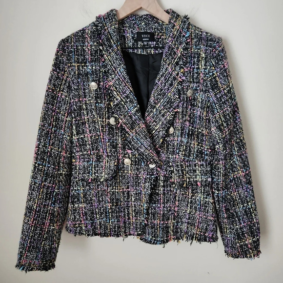 Vici | Multi Colored Fringe Raw Edge Double Breasted Tweed Blazer - Size M - Picture 1 of 11